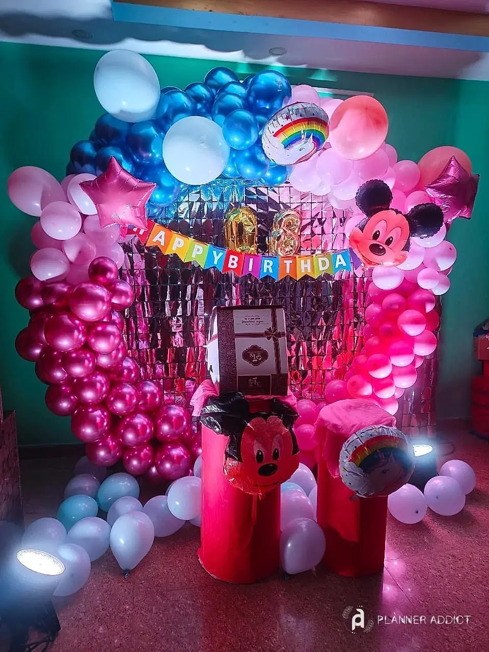 Pink and blue balloon wall with a Happy Birthday banner