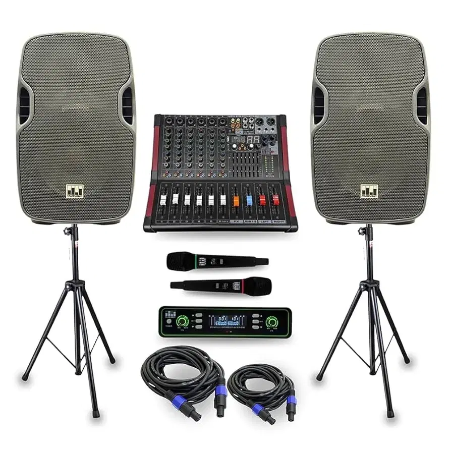 Speakers, mixer and cordless microphones
