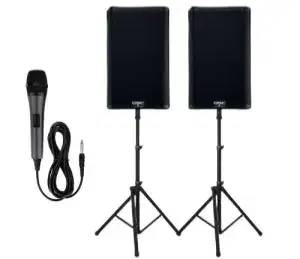 Two speakers on stands with a cordless microphone