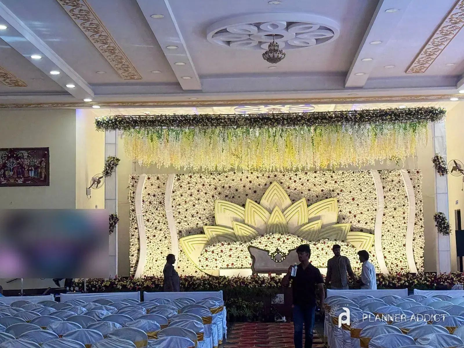 Reception hall with a lotus-shaped flower backdrop, hanging wisteria and covered chairs